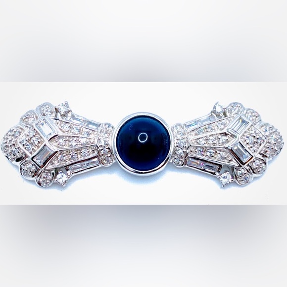 RARE Vtg Hattie Carnegie HC Sterling 925 &CZ Brooch Art Deco Blue Cabochon Stone